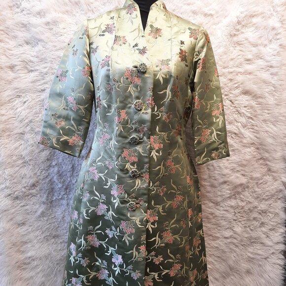 Vintage Dynasty Jade Green Floral Embroidery Asian Chinese House Coat Robe - Picture 1 of 12